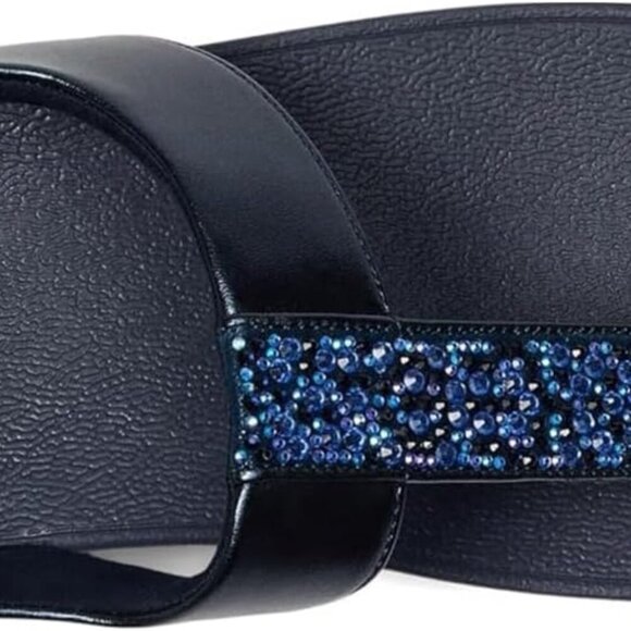 Women's Faux Leather Crystal T-Strap Wedge Sandals Rubber Sole Adjustable - Picture 4 of 7